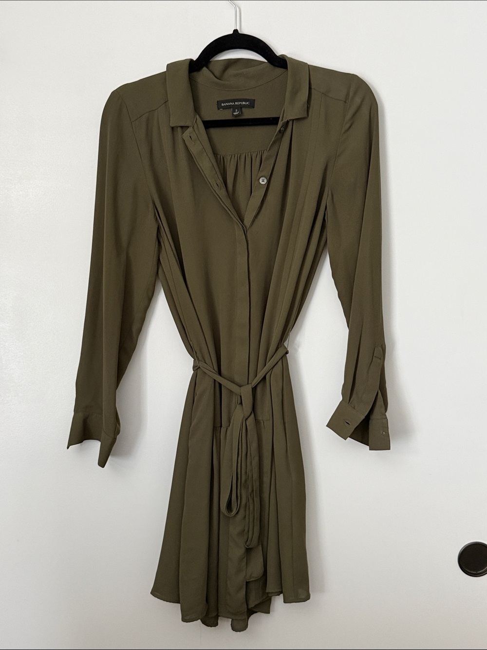 Banana Republic Olive Green Long Sleeve Shirt Dress with Self Tie